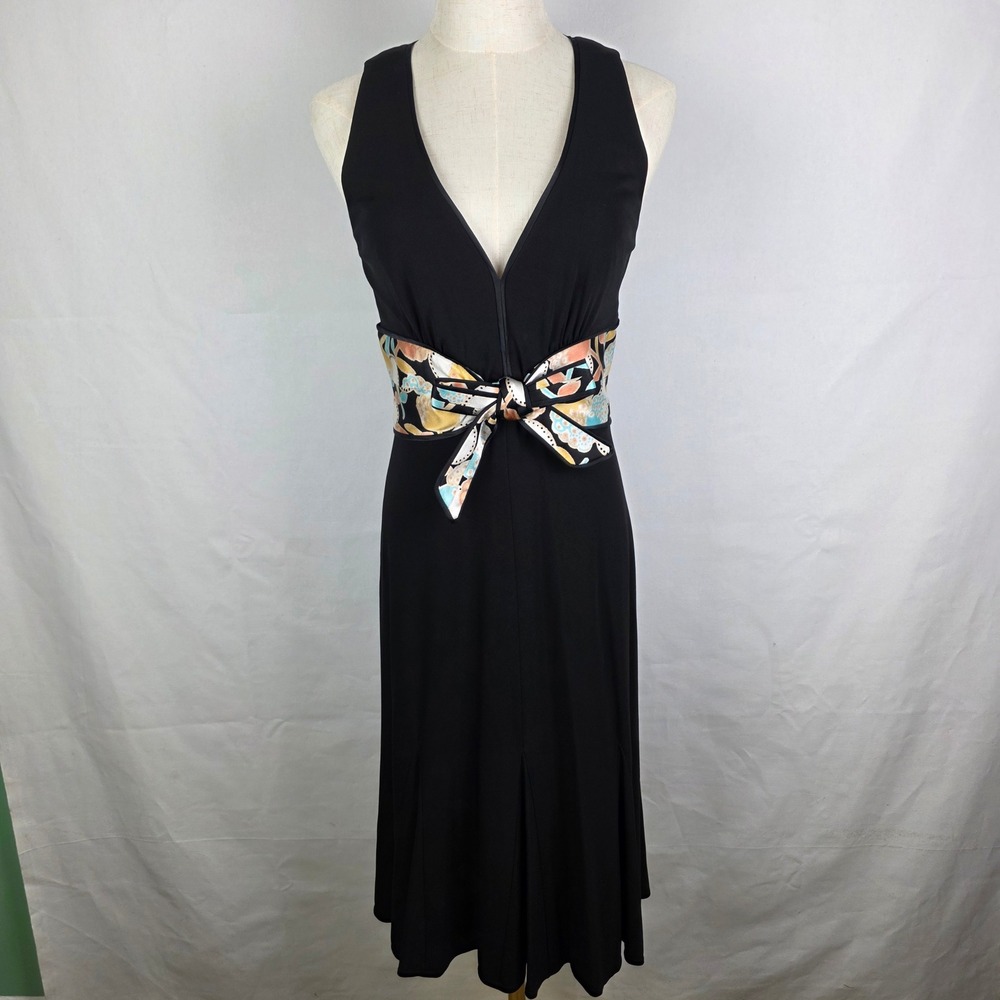 Kay Unger New York Black Midi Dress Silk Floral Sash Waist V-Neck Pleated Size 6
